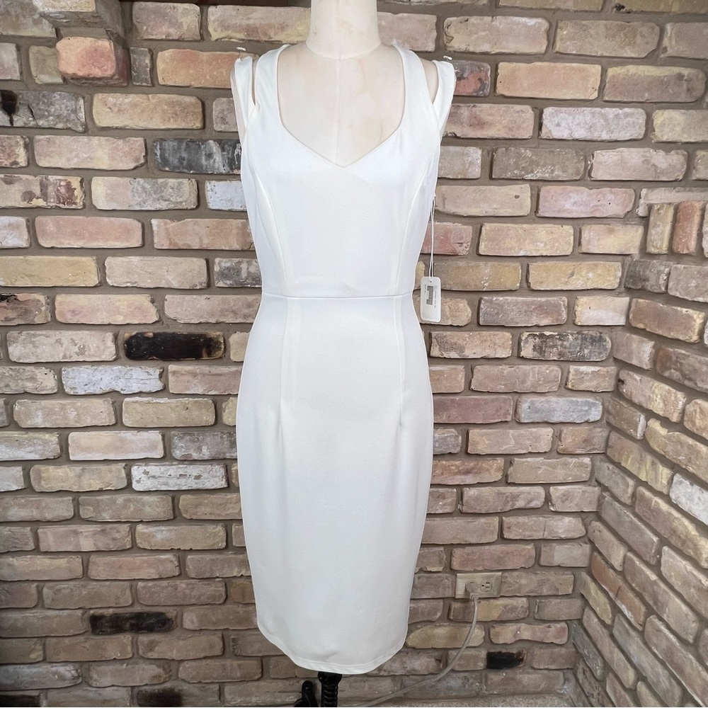 LUMIER white strappy back midi sheath dress